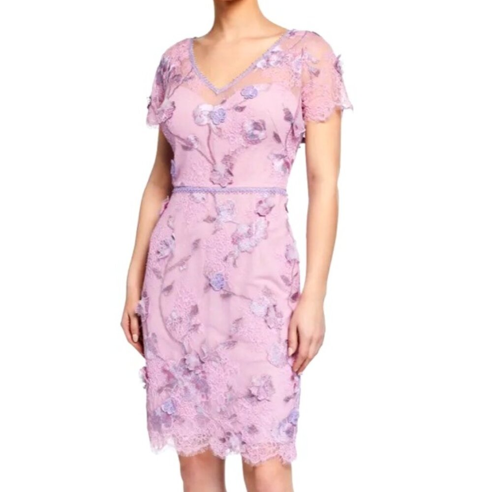 Marchesa Notte Cap-Sleeve Lace & Embroidered Tulle Dress w 3D Flowers & Trim